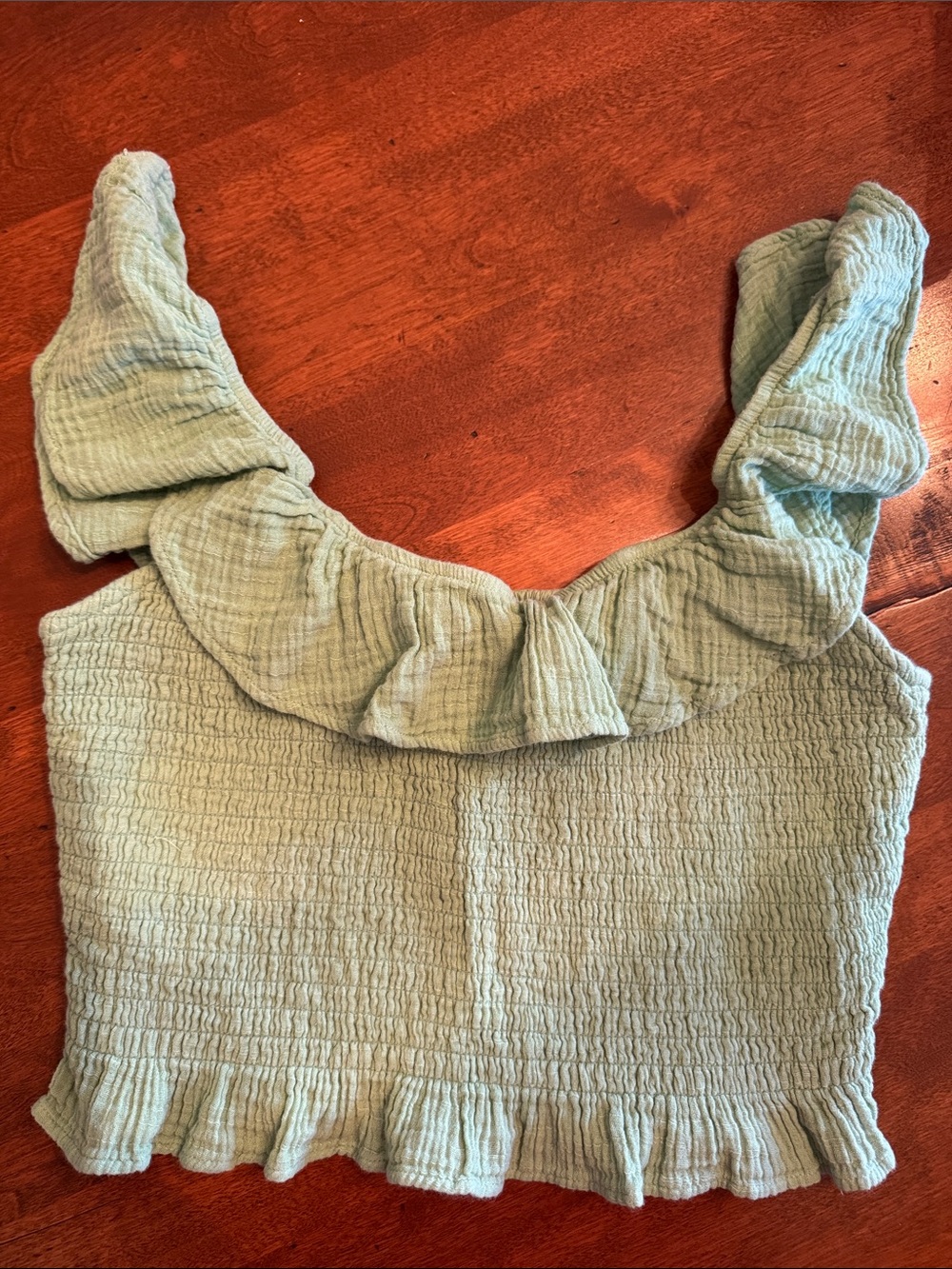 Ruffled Smocked Crop Top in Sage Green American Eagle Small